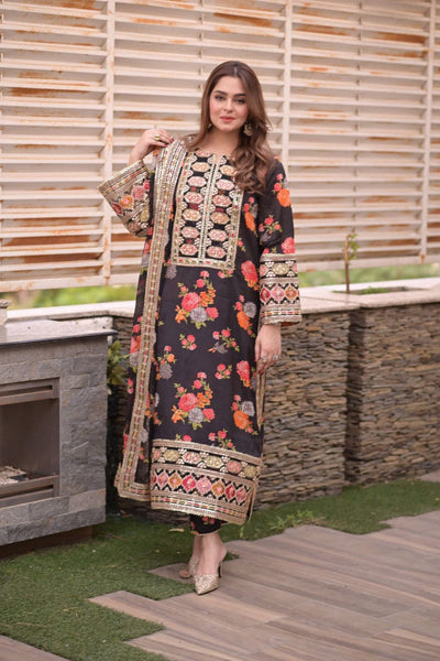 3 Piece Embroidery Silk Suit - Unstitched