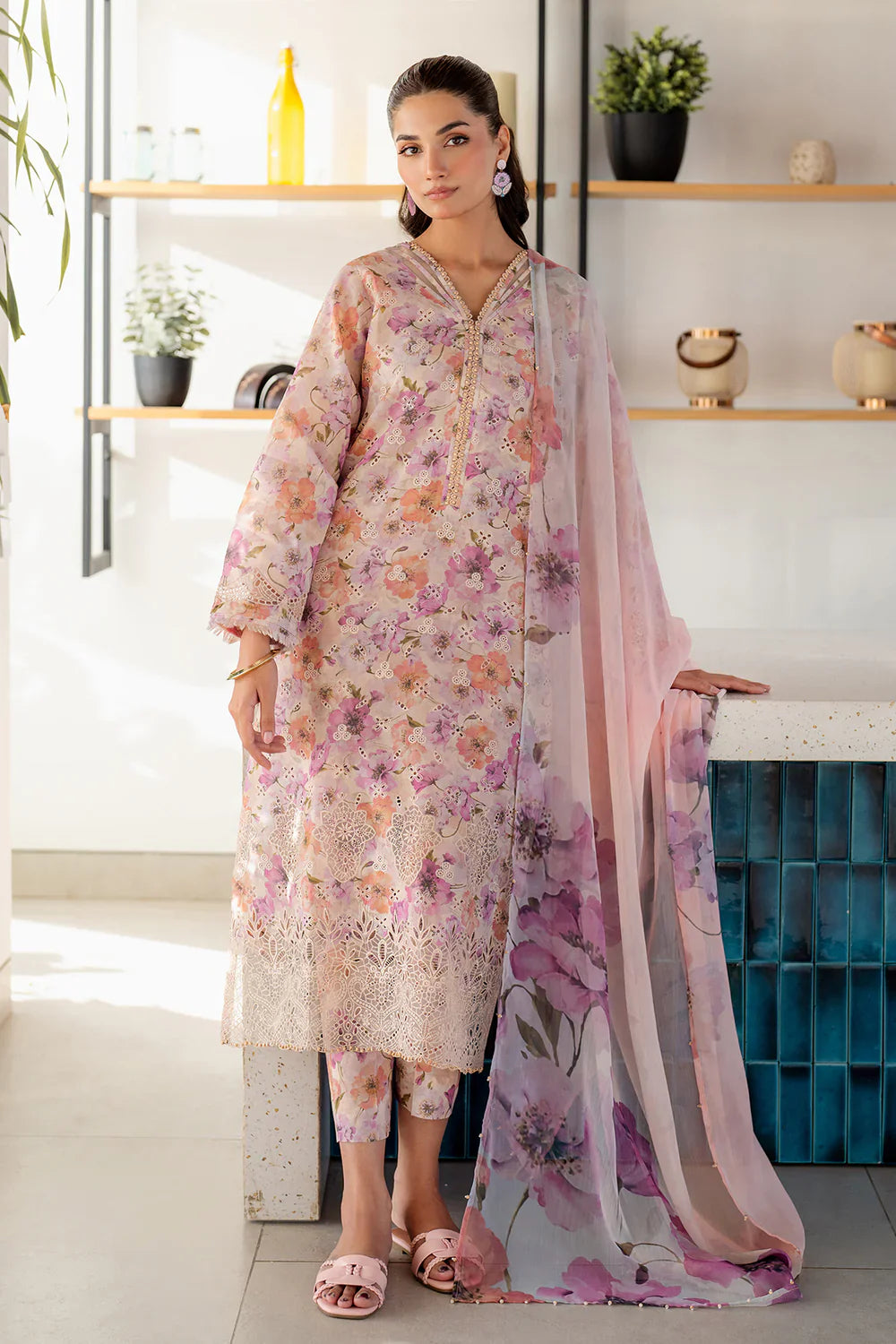 03-Piece Printed Lawn Suit With Chikankari Embroidery - Unstitched