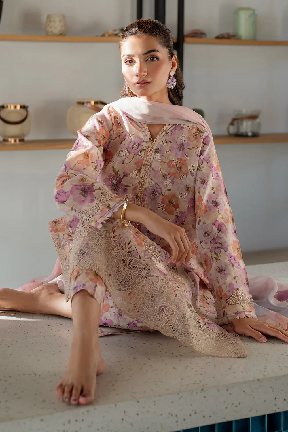 03-Piece Printed Lawn Suit With Chikankari Embroidery - Unstitched