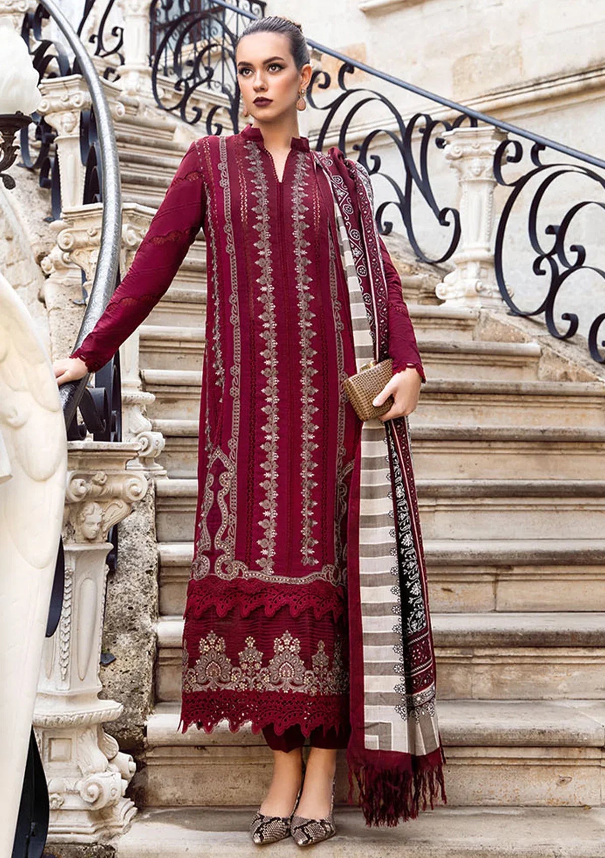 03-Piece Lawn Suit With Schiffli Embroidery - Unstitched