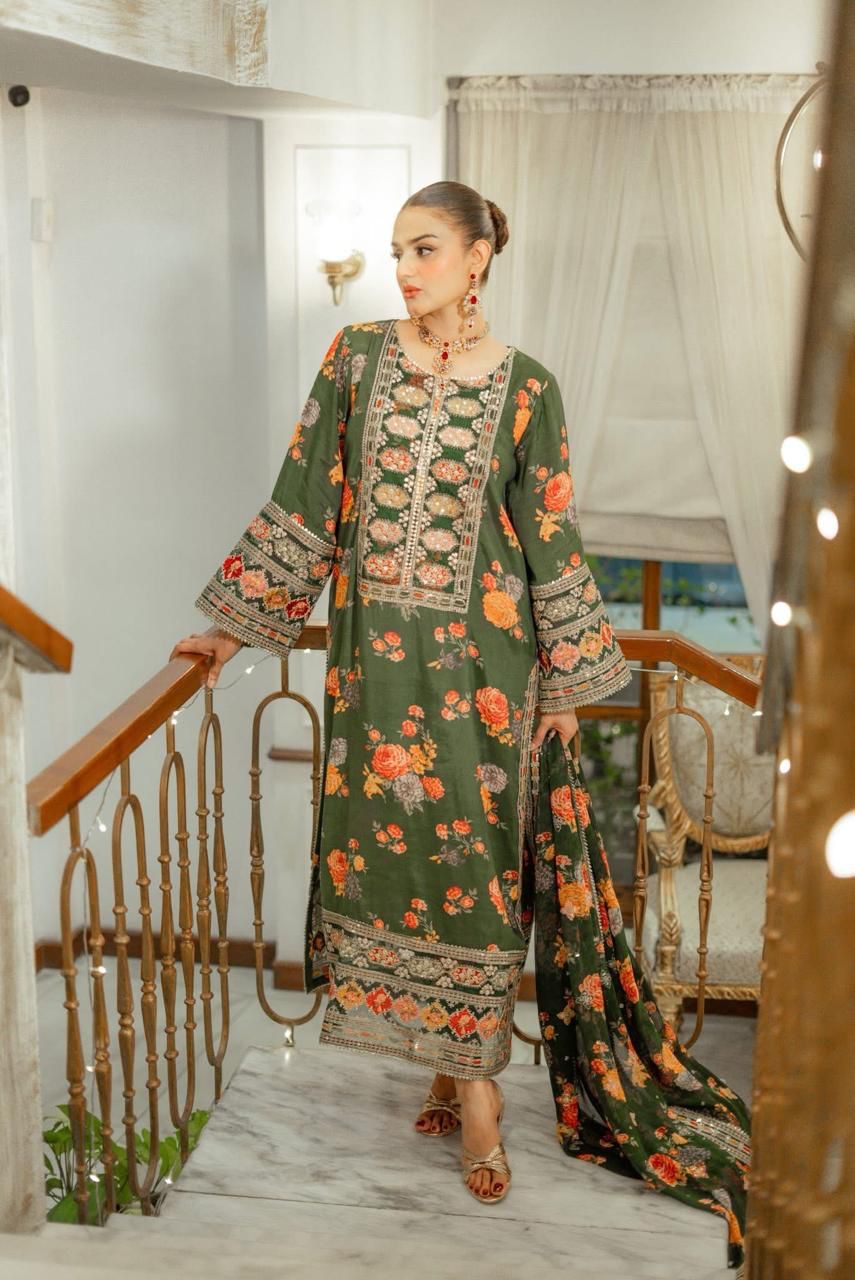 3 Piece Embroidery Silk Suit - Unstitched