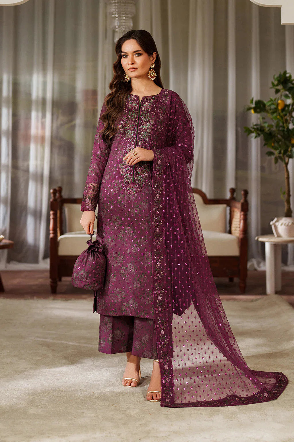 03-Piece Printed Lawn Suit With Embroidery - Unstitched