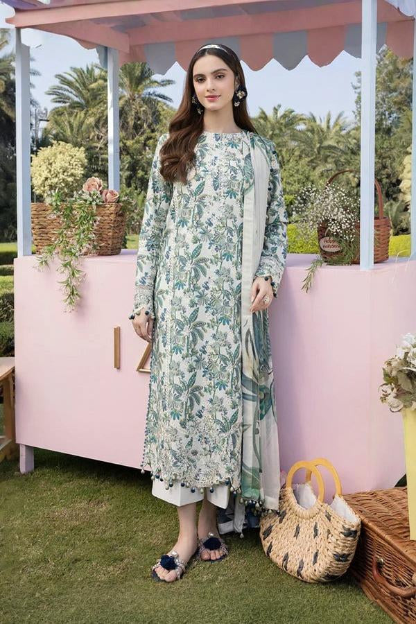 03-Piece Printed Lawn Suit With Chikankari Embroidery- Unstitched