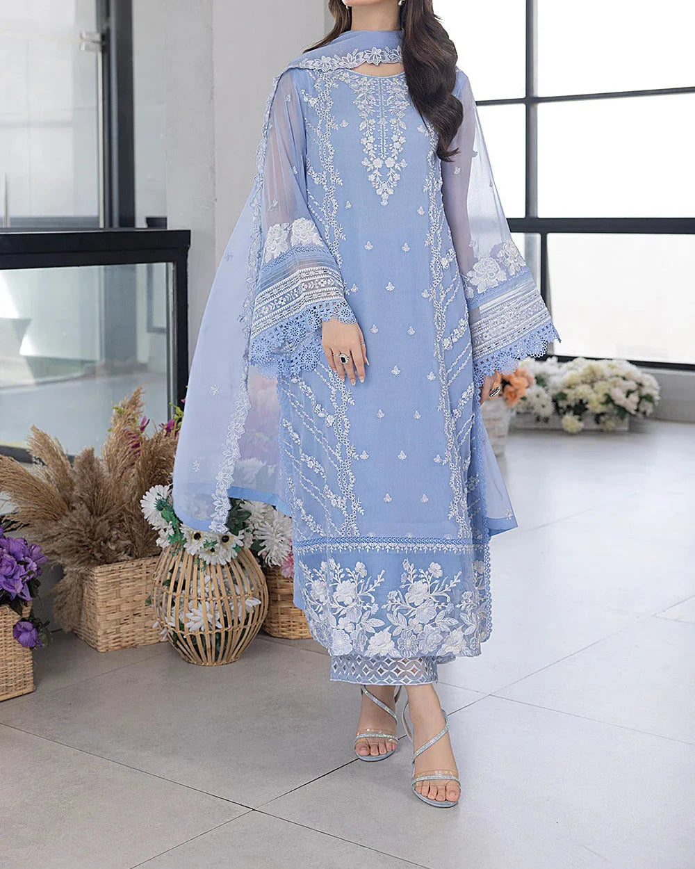 3 Piece Organza Full Embroidered Suit - Unstitched