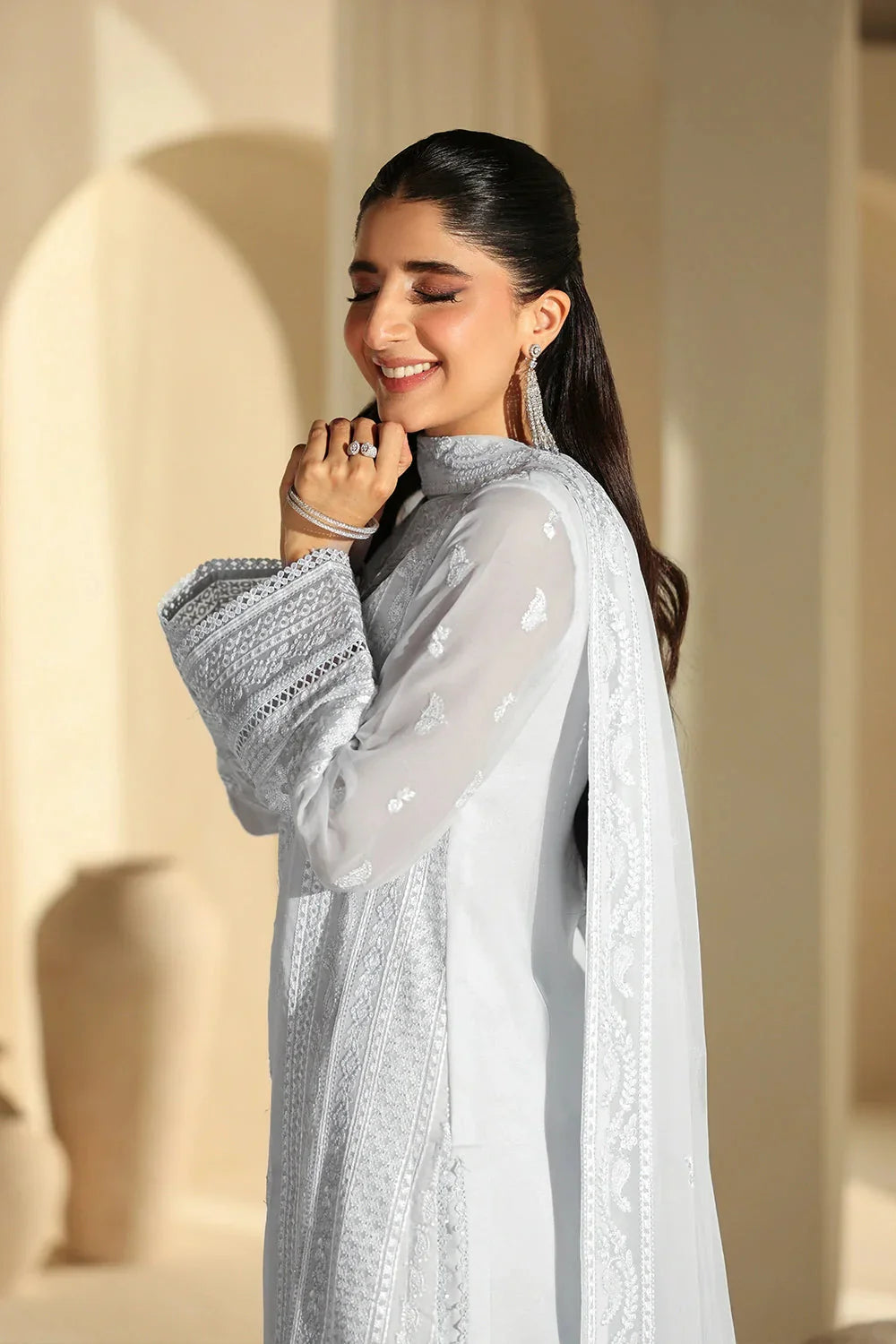 03-Piece Pure Chiffon Suit With Embroidery - Unstitched