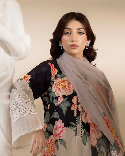 03-Piece Printed Lawn Suit With Chikankari Embroidery – Unstitched