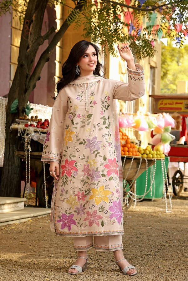 03-Piece Lawn Suit With Chikankari Embroidery- Unstitched