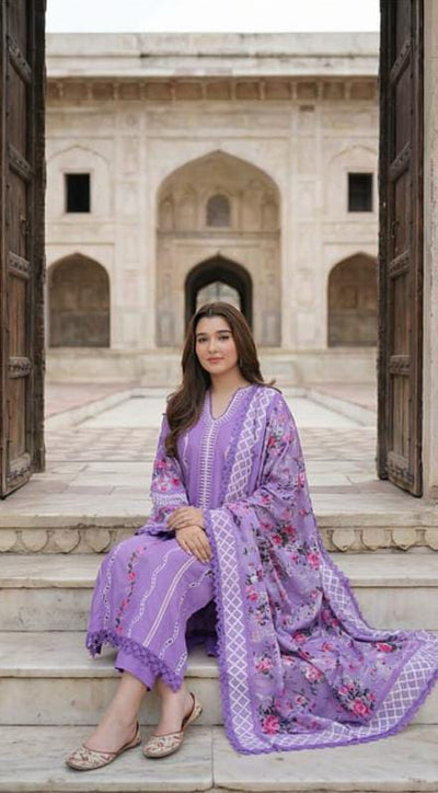 03-Piece Suit With Chikankari Embroidery - Unstitched