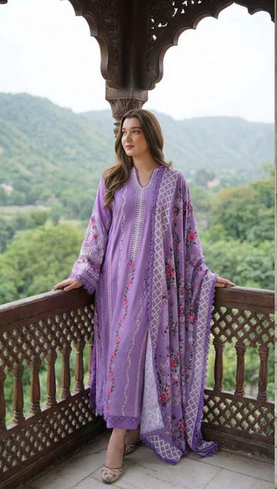 03-Piece Suit With Chikankari Embroidery - Unstitched